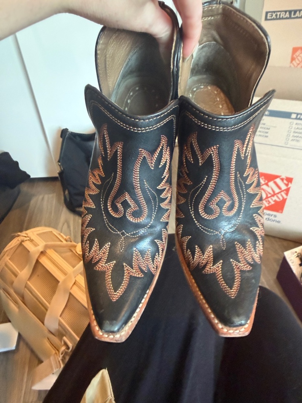 Ariat Black Leather Western Ankle Boots with Brown Stitching